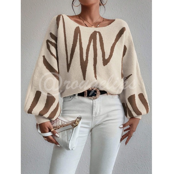 Knit Graphic Pullover Sweater Beige Brown Bishop Sleeve Stretchy - Picture 6 of 11
